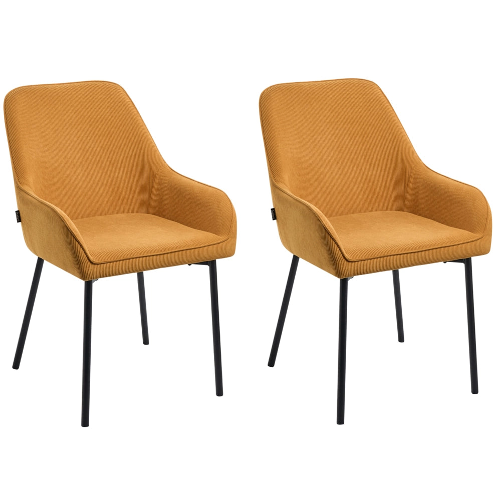 Set di 2 sedie per sala da pranzo Seduta imbottita in tessuto di velluto a coste giallo Gambe in metallo Nero Stile moderno