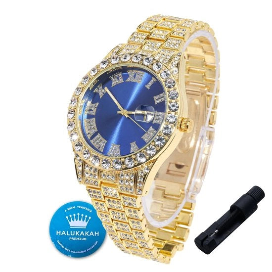 Orologio da Uomo con Diamanti - 18K Oro/Platino Rivestito - Blu/Verde/Rosso - Cristallo di Quarzo Giapponese