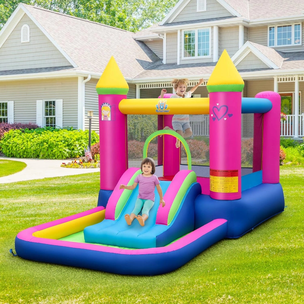 4-in-1 Castello Gonfiabile per Bambini, Castello a Tema Principessa con Scivolo, Area Salto, Canestro da Basket e Vasca per Palline, Giochi Gonfiabile per 3-12 Anni (Senza Soffiatore)