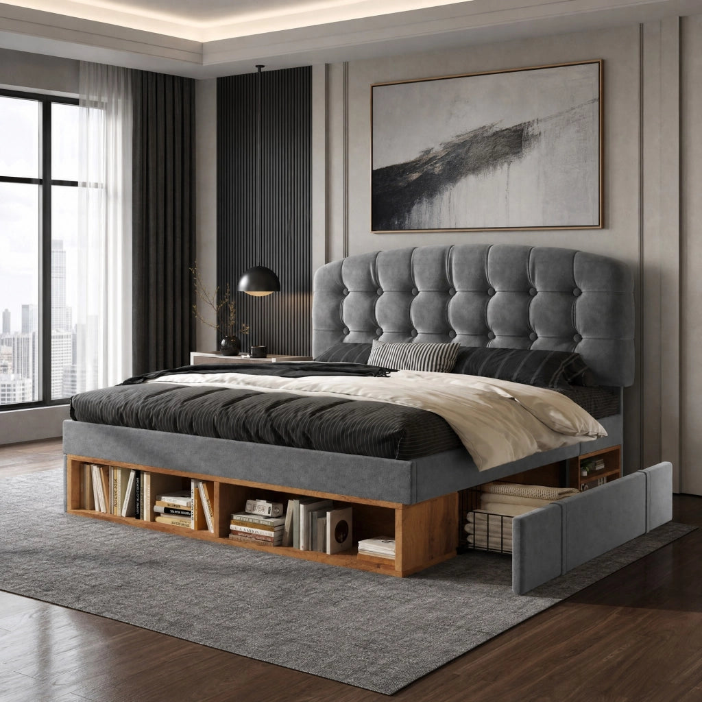 Letto imbottito 140x190 cm in velluto grigio con cassetti
