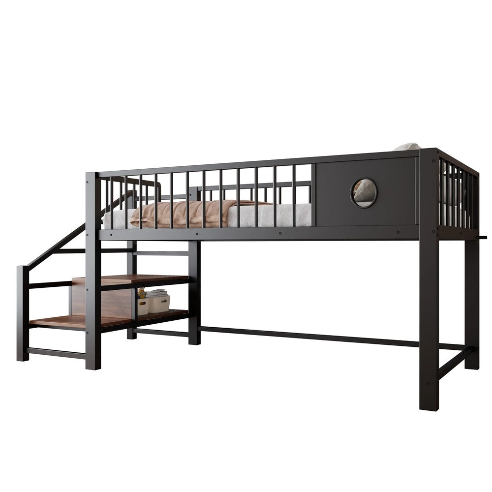 Letto a Soppalco Basso per Bambini con Scala Contenitore ¨C Xylo ¨C Metallo Nero 90x200