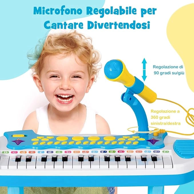 Pianoforte Digitale per Bambini 31 Tasti, Tastiera Elettronica Portatile, con Microfono e Luci, Funzionamento Registrazione e Playback, 3+ Anni, 45x23x45 cm (Blu)