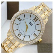 Trade Shop - Orologio Polso Zcc 13 Donna Quarzo Acciaio Brillantini Moda Dorato Fondo Bianco -