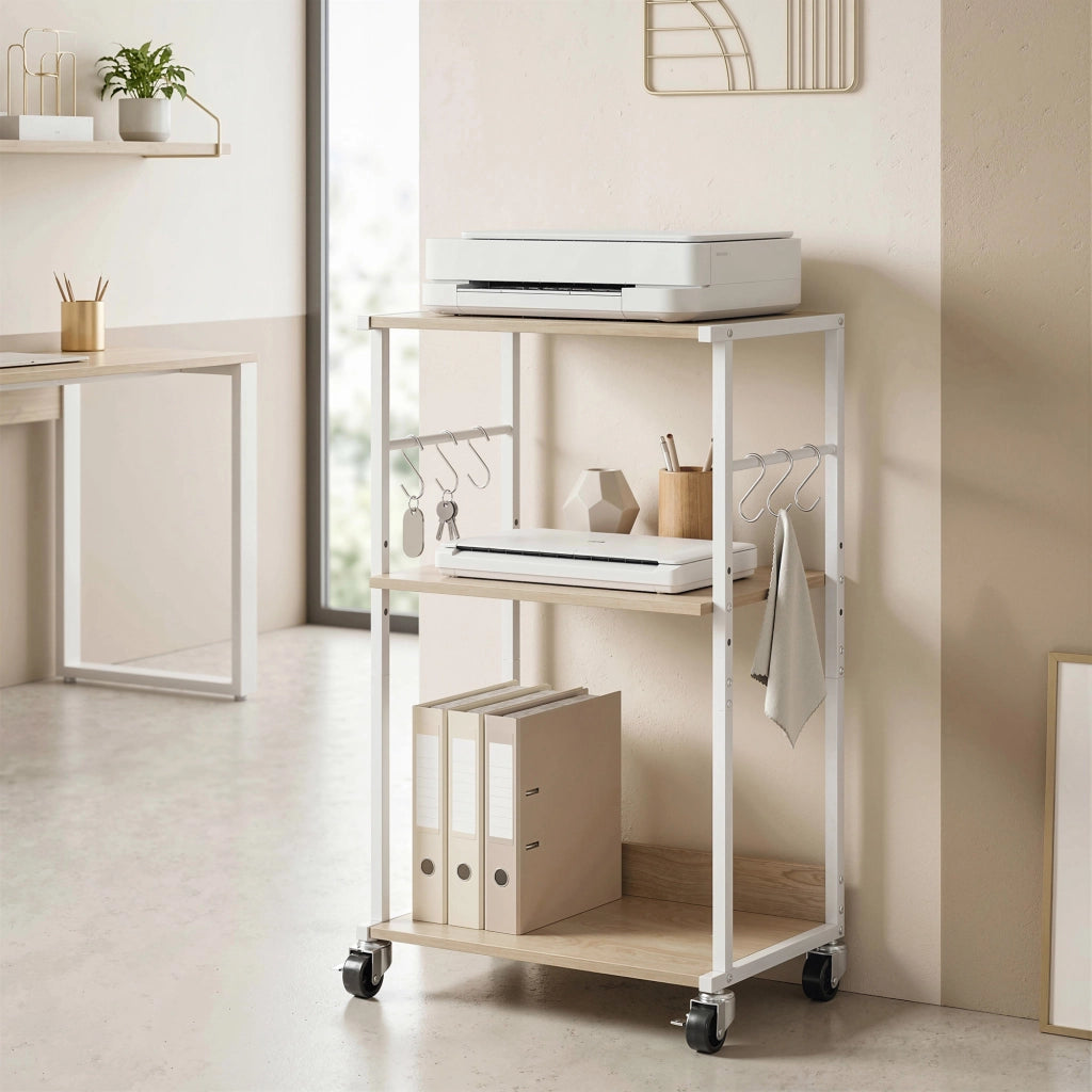 Mobile Supporto per Stampante a 3 livelli 43x30x82 cm con Ruote e Ganci in Legno e Metallo Naturale
