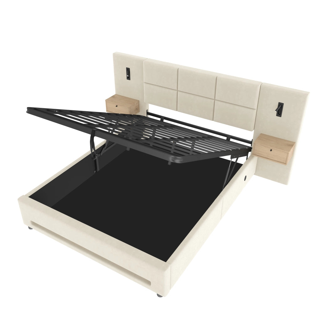 Letto Contenitore 180x200 cm; Matrimoniale con Cassetti; USB Type-C e LED in Velluto Beige