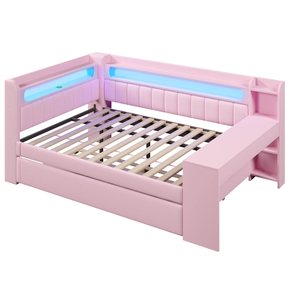 Letto a soppalco imbottito 140x200 cm rosa con LED; USB; letto estraibile e scrivania