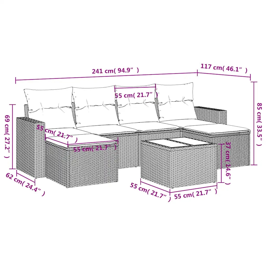 Set Divani da Giardino 7 pz con Cuscini Marrone in Polyrattan