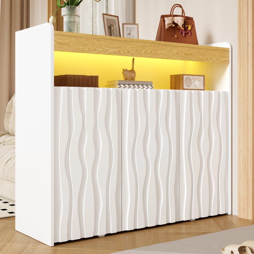 Credenza con 3 ante; vano aperto; LED e ripiani regolabili - 105x33.5x76 cm - bianco