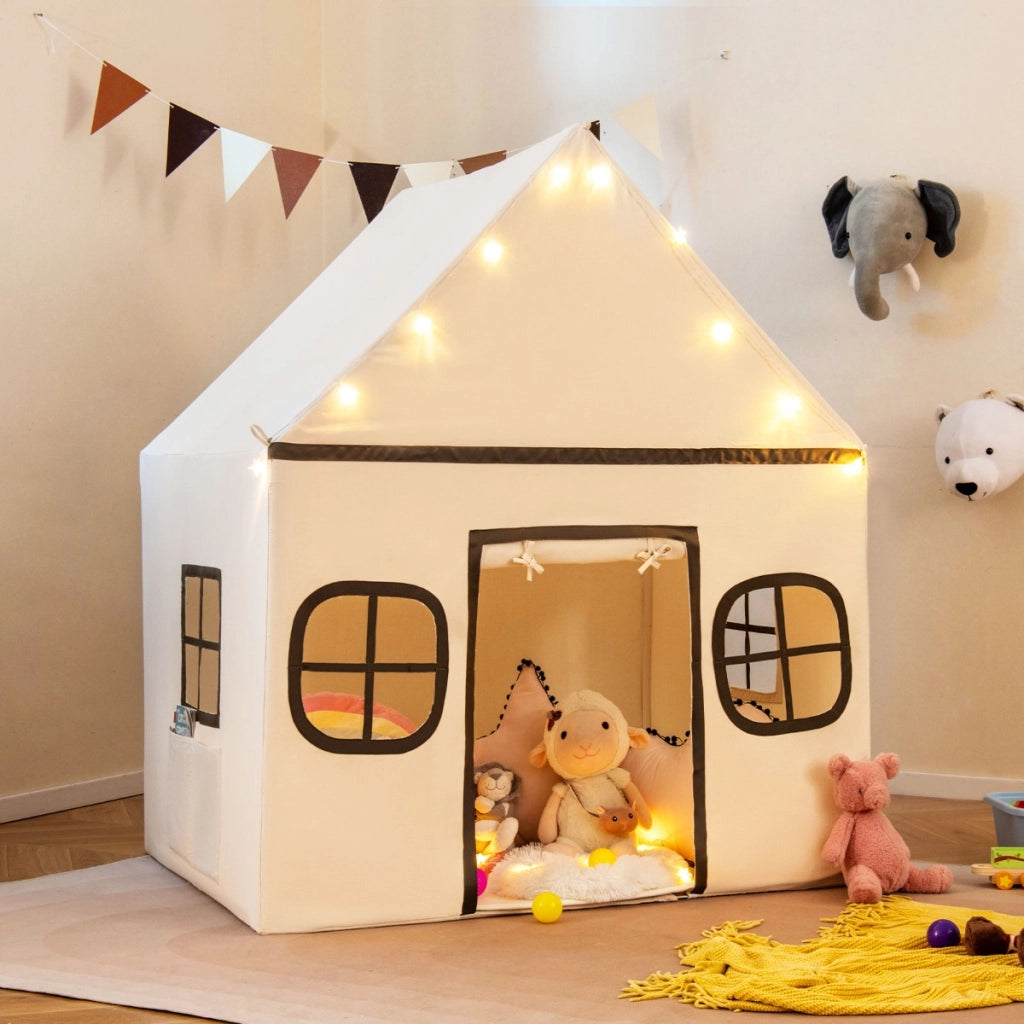 Tenda da gioco per bambini con tenda porta e finestre e luci a stella, Tenda da interno per bambini e bambine 3-10 anni Beige