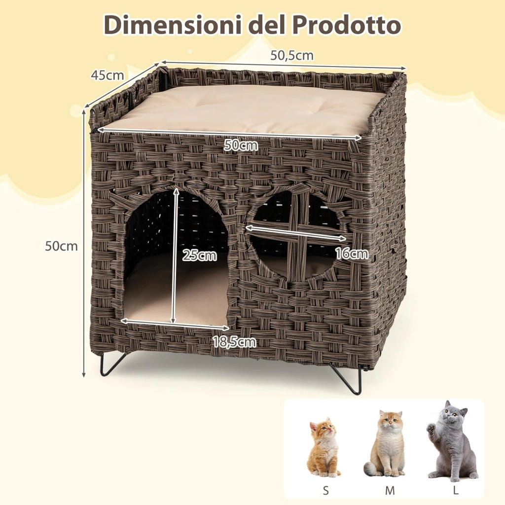 Casetta per Gatti in Rattan 50,5 x 45 x 50 cm, Cuccia a 2 Piani per Gatti con 2 Cuscini, Letto per Animali Domestici per Camera da Letto e Soggiorno