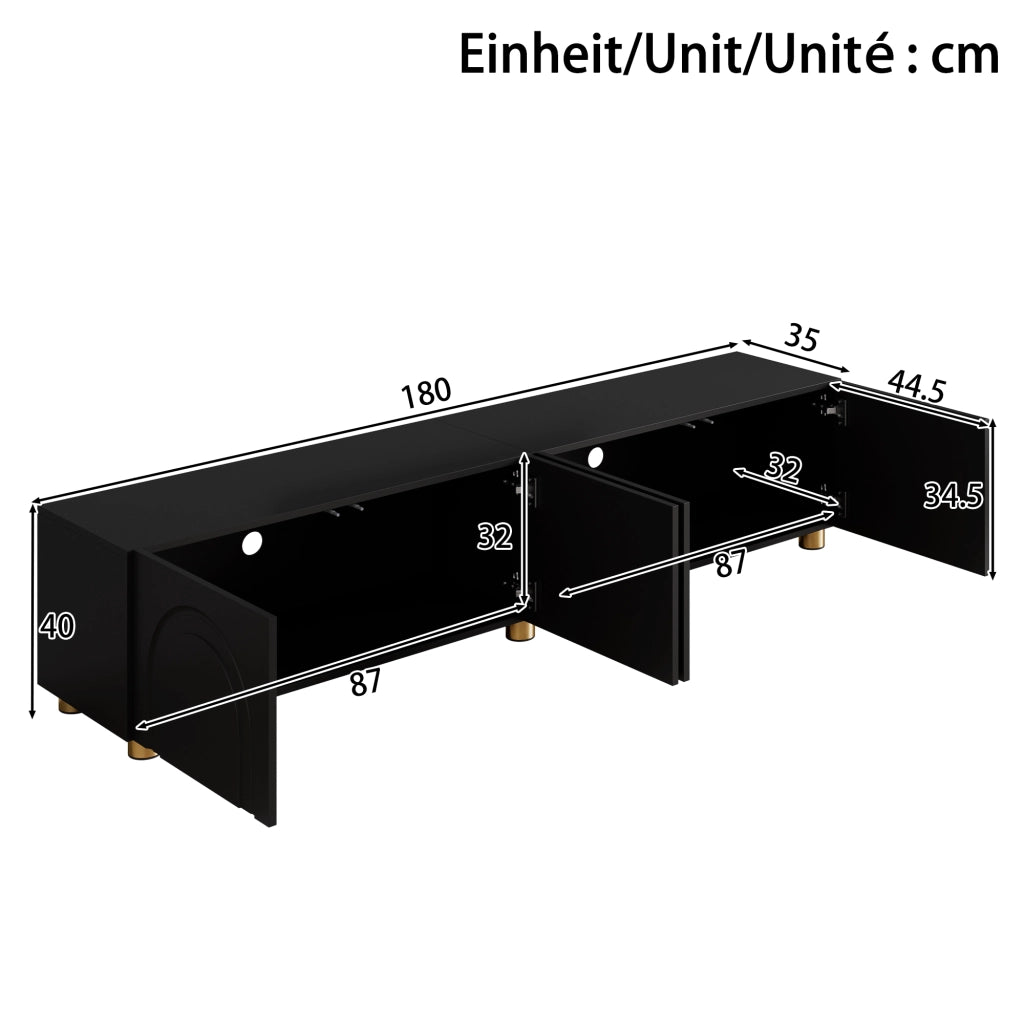 Mobile porta TV con 4 ante e rilievo ad arco, per soggiorno, in MDF e pannello truciolare, nero, 180 × 35 × 40 cm
