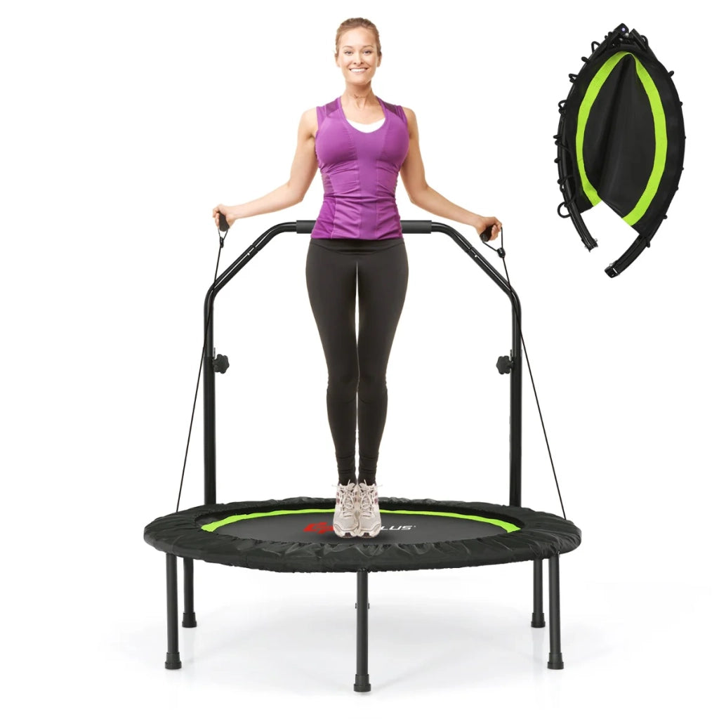 Trampolino fitness pieghevole diametro 101 cm con corrimano regolabile e 2 fasce di resistenza in acciaio verde 20_0014489