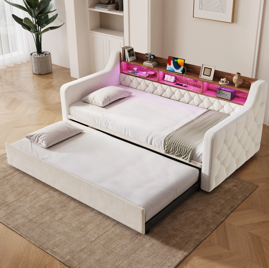 Divano letto estraibile 90x190 cm con LED, USB e USB-C in velluto beige