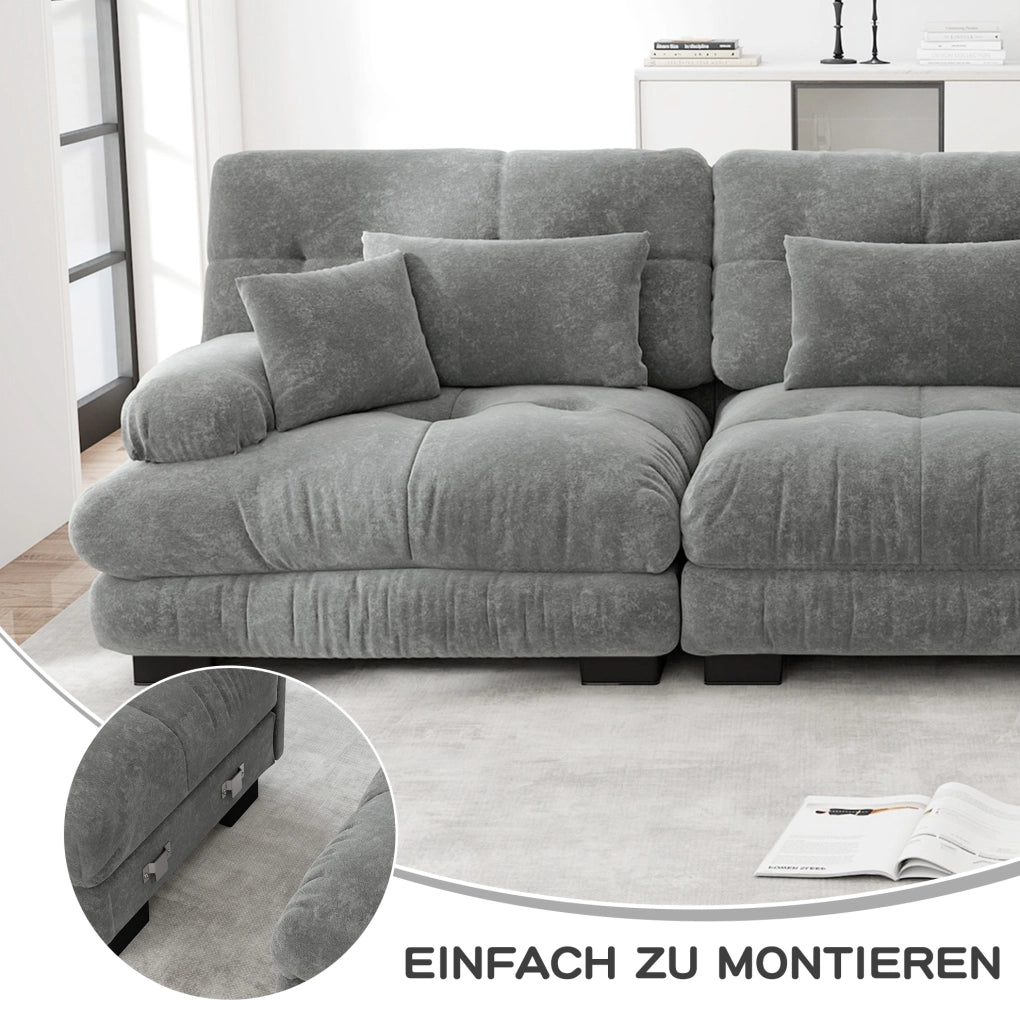 Divano modulare in chenille grigio con 2 pouf; 2 cuscini lombari e 2 cuscini decorativi