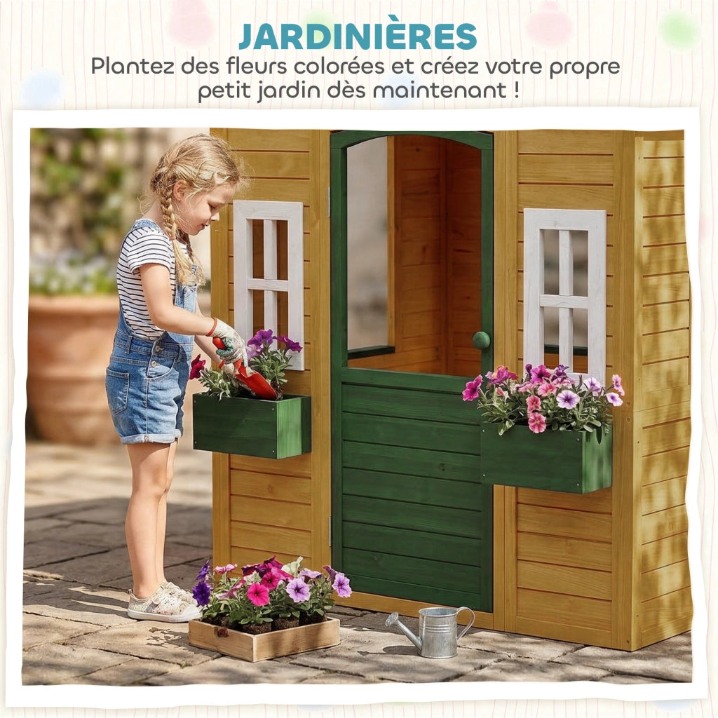 Casetta bambini esterno in legno con porta finestre e 2 fioriere ¨C zephmum ¨C 134.5x97x150cm marrone