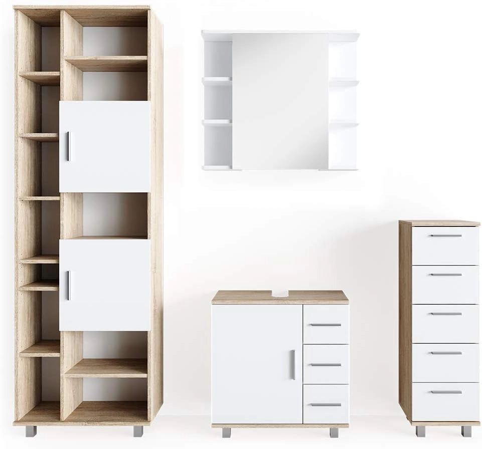 Set mobili bagno Ilias, Sonoma, 60 cm, composto da mobile lavabo, pensile a specchio, colonna e base media