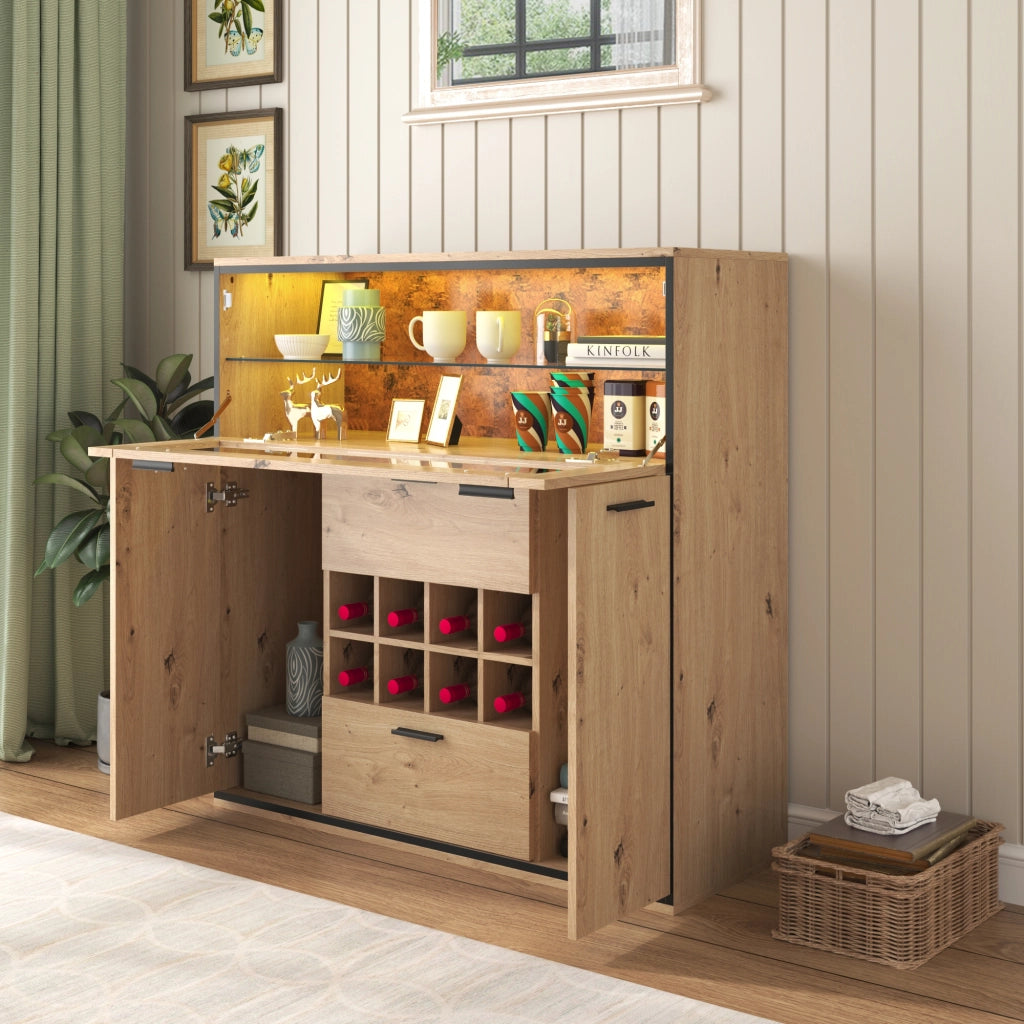 Credenza con 2 Ante; Ripiani; Portabottiglie e LED per Sala da Pranzo in Pannello di Particelle 110 × 38 × 111 cm Naturale