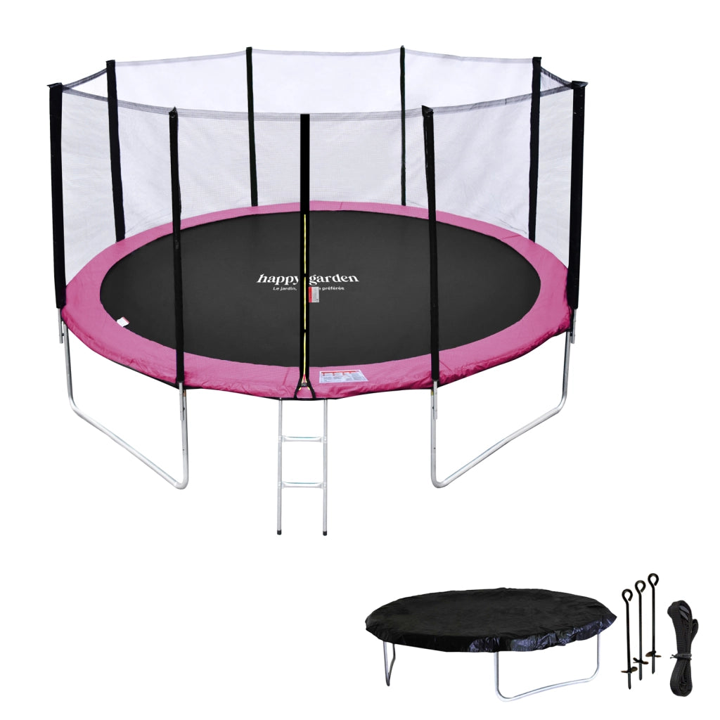 Premium Pack Trampolino 370 cm reversibile grigio / rosa PERTH + rete, scala, copertura e kit di ancoraggio