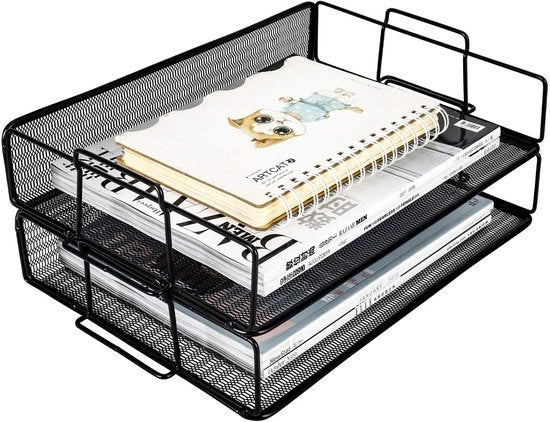 Organizzatore di scrivania metallico da 2 pezzi, A4, pieghevole, contenitore documenti, cassetta archiviazione, contenitore riviste, cassetta posta, organizzatore riviste e documenti in carta, nero