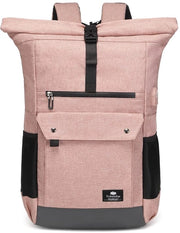 Borsa da spalla per donne, zaino impermeabile a roll-top per laptop 15,6 pollici, grande zaino da scuola zaino da lavoro, zaino ergonomico per viaggiatore con caricabatteria USB e cinturino per valigia
