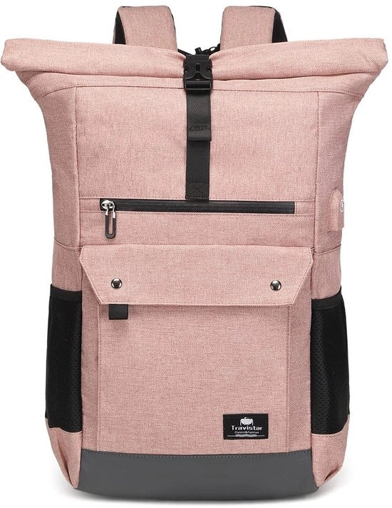 Borsa da spalla per donne, zaino impermeabile a roll-top per laptop 15,6 pollici, grande zaino da scuola zaino da lavoro, zaino ergonomico per viaggiatore con caricabatteria USB e cinturino per valigia