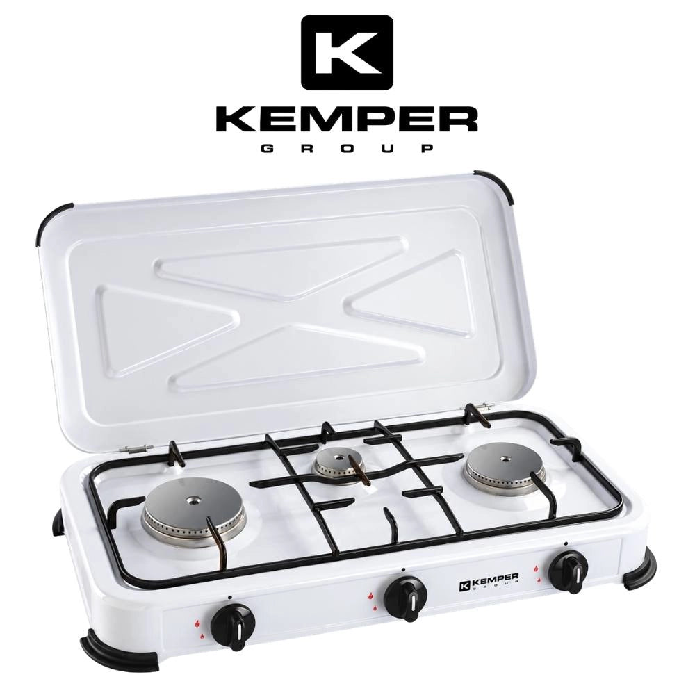 Kemper fornello 3 fuochi bombole butano/propano coperchio griglia removibili bianco piedini plastica antigraffio 1,2 kw