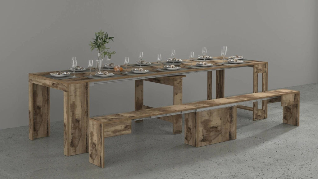 Set tavolo e sedie Badesi, Composizione multiuso, Set con consolle e 1 panca allungabili, 100% Made in Italy, 66x25h45 cm, Acero
