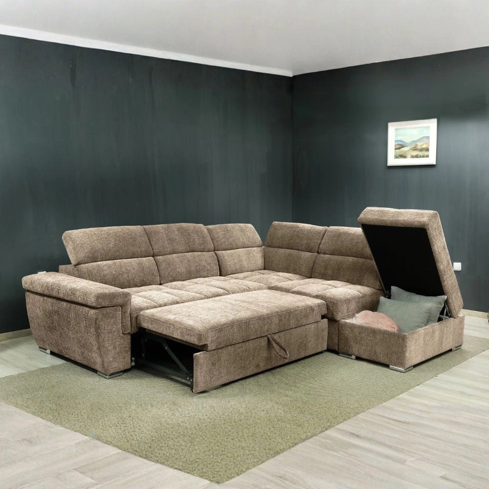 Divano letto angolare reversibile Amalfi con 5 poggiatesta regolabili e pouf in tessuto cappuccino