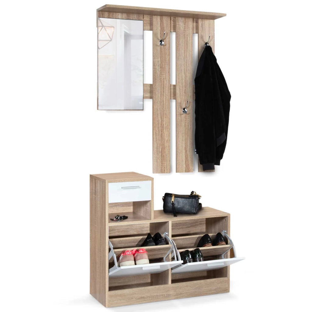 IDMarket - Mobile da ingresso, appendiabiti con specchio, design in legno faggio e ante bianco PAULIN