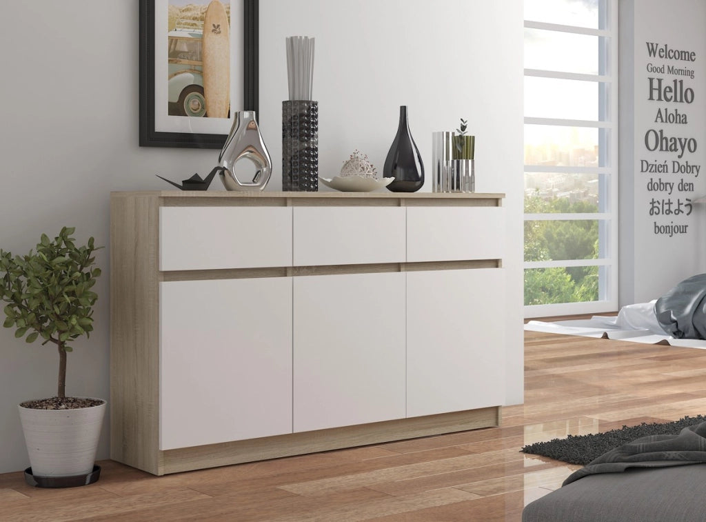 Cassettiera AKORD K140 Sonoma Quercia 138 cm 3 ante 3 cassetti inserto frontale Bianco 138x40x99 cm