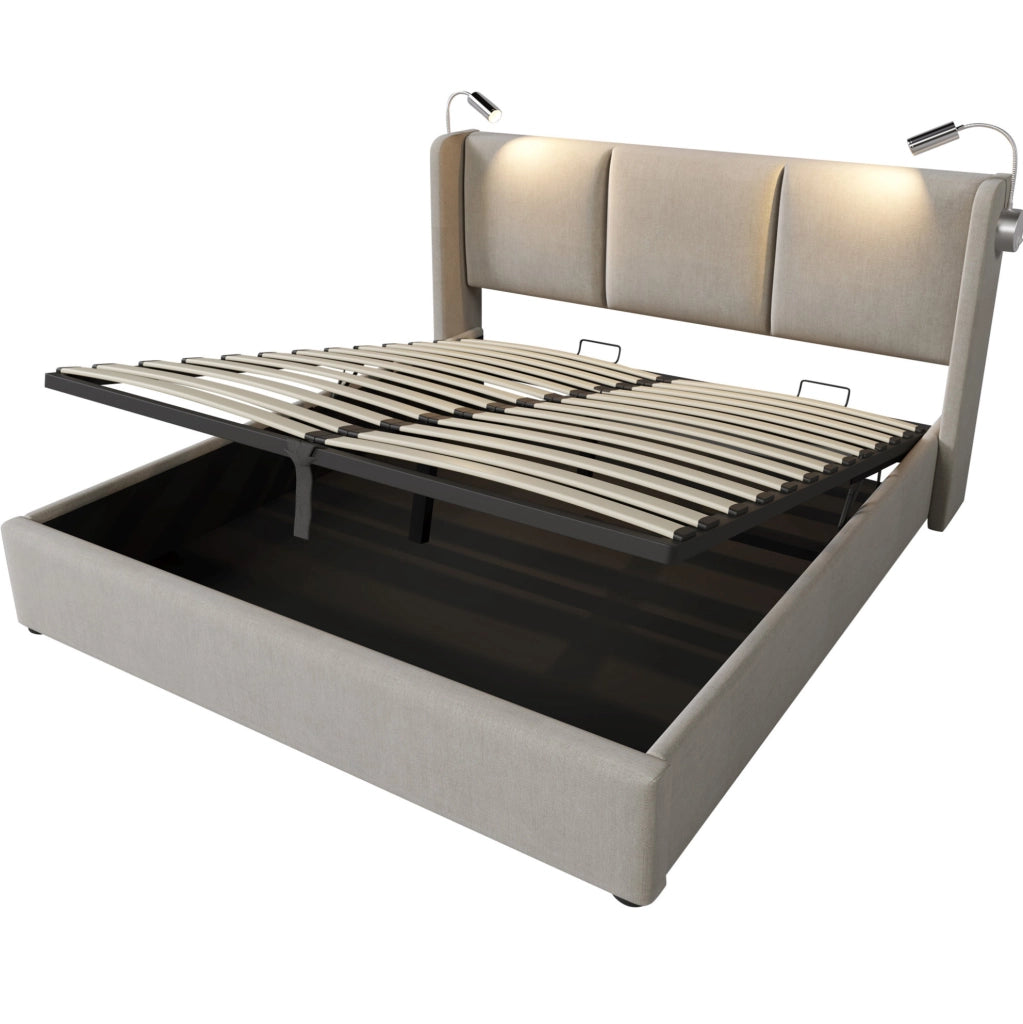 Letto contenitore 180x200 cm in tessuto beige con USB e luce lettura