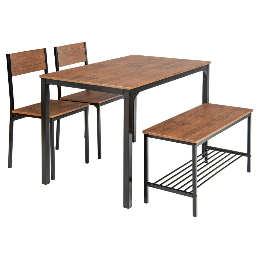 Set tavolo e sedie da cucina 4 pezzi, Tavolo da pranzo con 2 sedie e 1 panca telaio e ripiano metallici Noce-Tavoli e sedie da pranzo