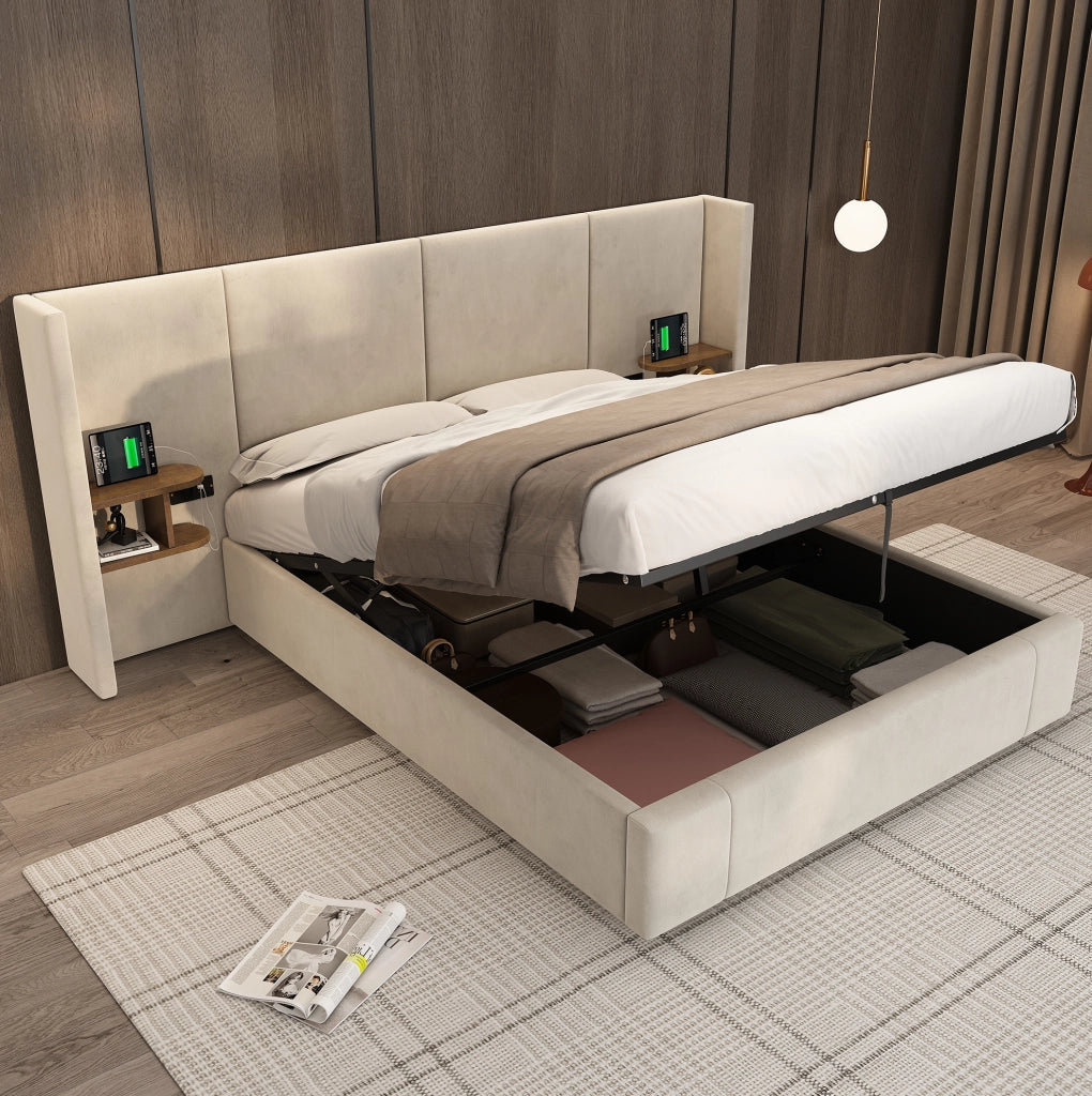 Letto matrimoniale 160x200 cm in velluto beige con contenitore idraulico; 2 comodini e USB