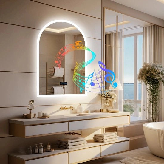 Specchio per bagno Bluetooth con illuminazione LED a retroilluminazione curva, regolabile, senza nebbia, illuminazione per il trucco