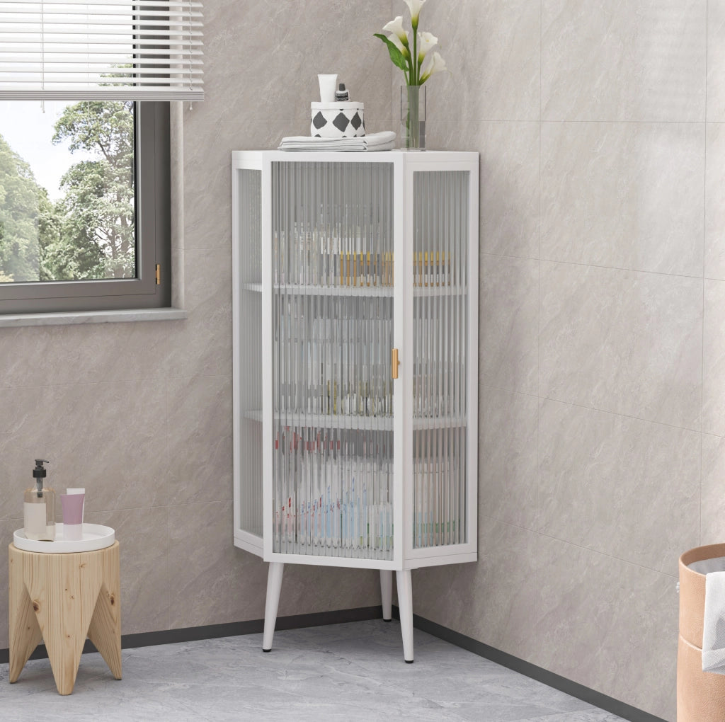 Mobile angolare da bagno in metallo e vetro temperato 56x42;5x110 cm bianco