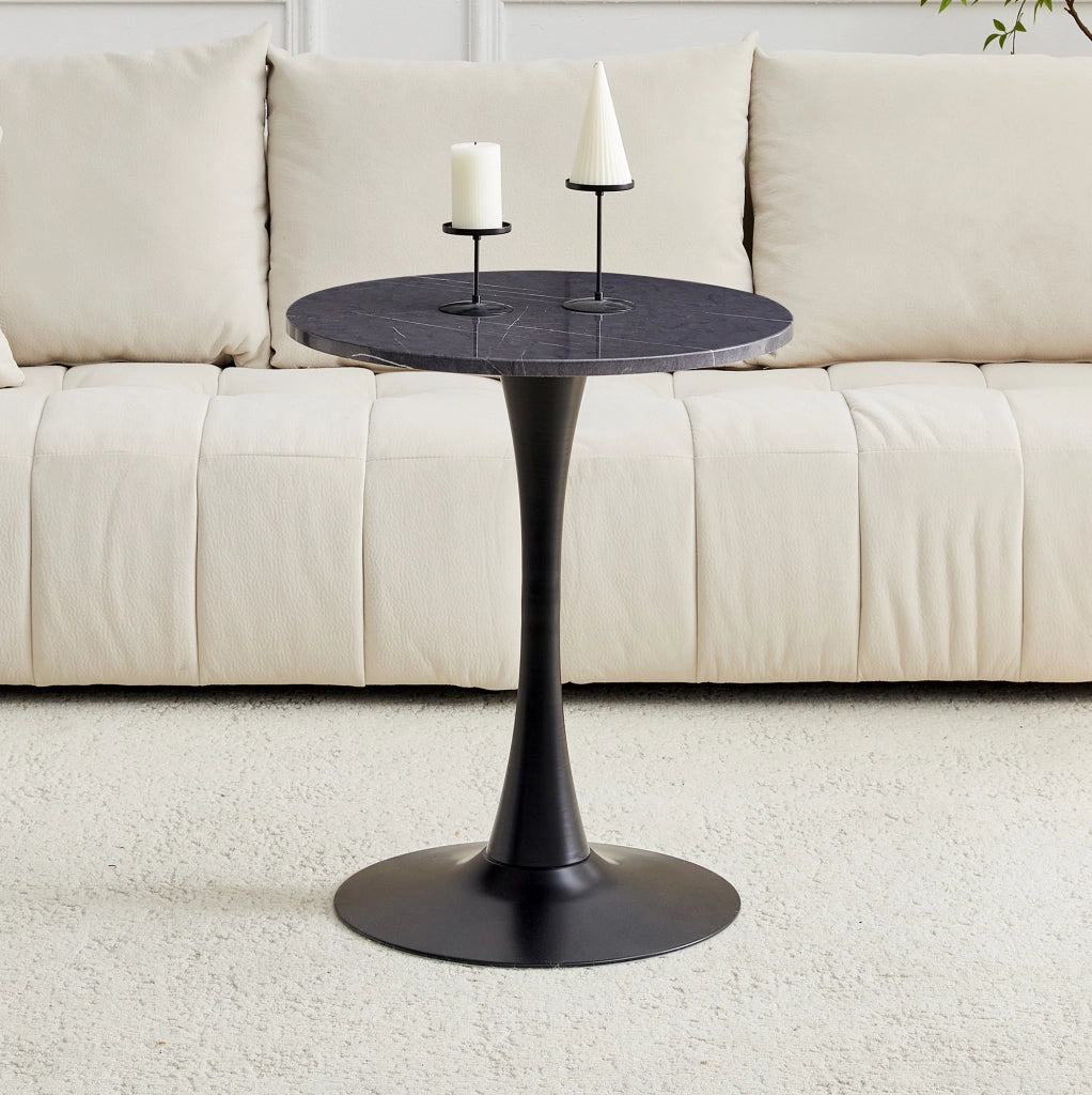 Tavolino rotondo in stile Mid-Century; piano in MDF effetto marmo nero e base in metallo nero