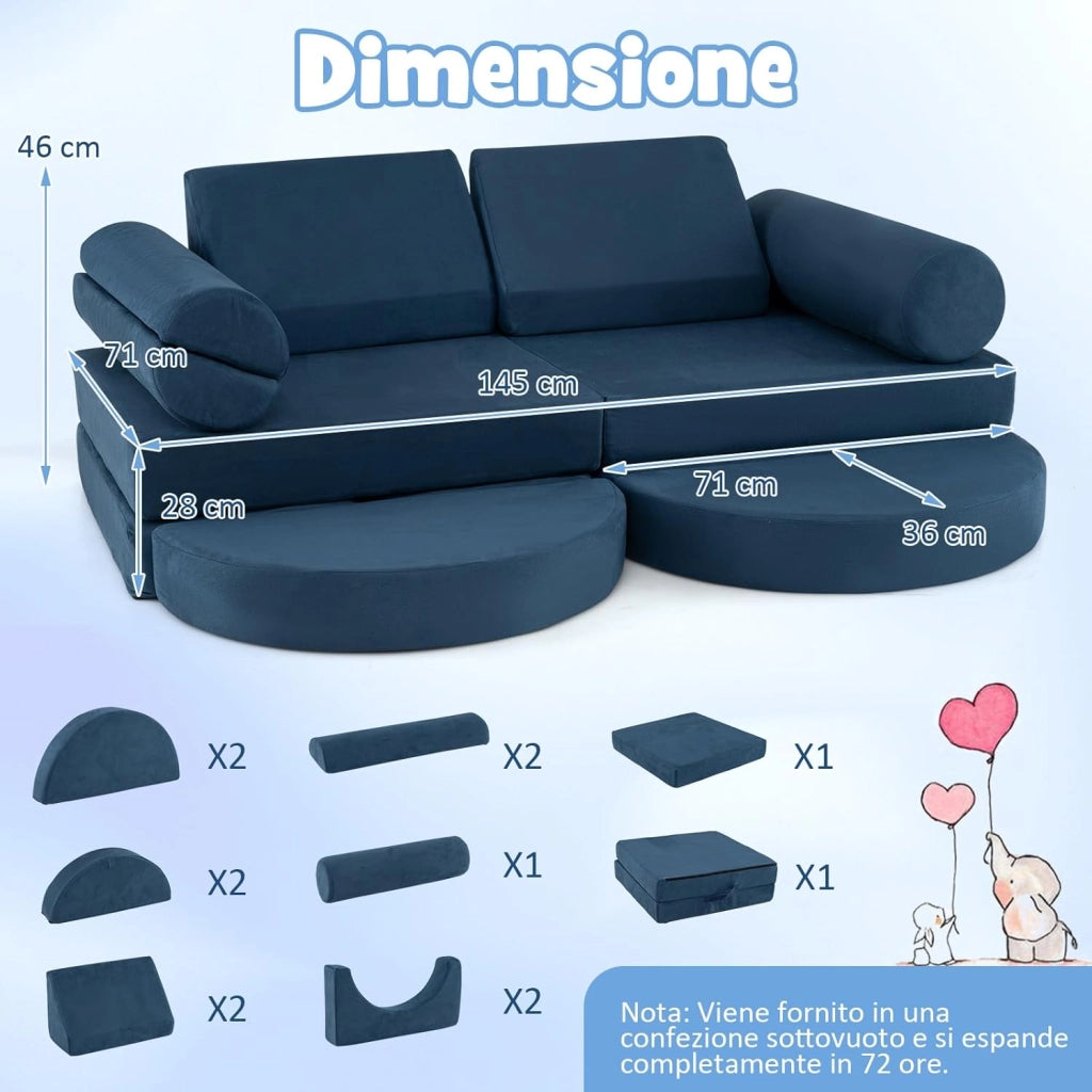 Divano in stile Block 13 Pezzi per Bambini, Divanetto Convertibile per Asilo, Cameretta e Soggiorno, Cuscini Bambini Gioco Blocchi (Blu)
