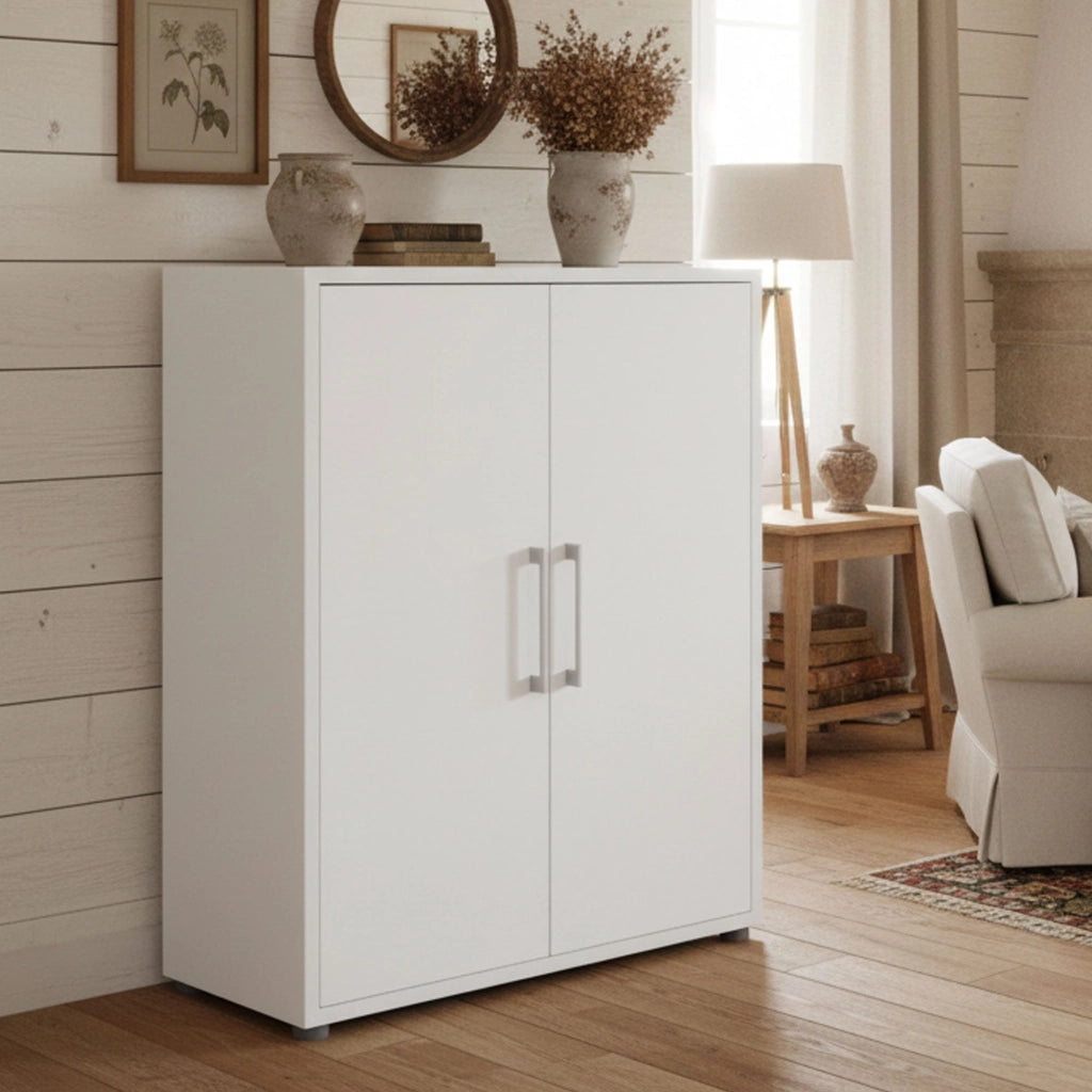 Credenza Warszawa, Buffet da soggiorno, Madia da salotto, Dispensa da cucina, 89x40 h113 cm, Bianco