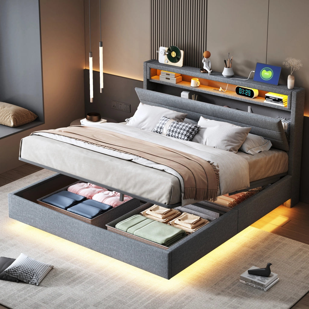OKWISH Letto Contenitore 140×200 cm, Letto Matrimoniale con Vano Idraulico, USB, LED Regolabile e Testiera Girevole, senza Materasso, Grigio