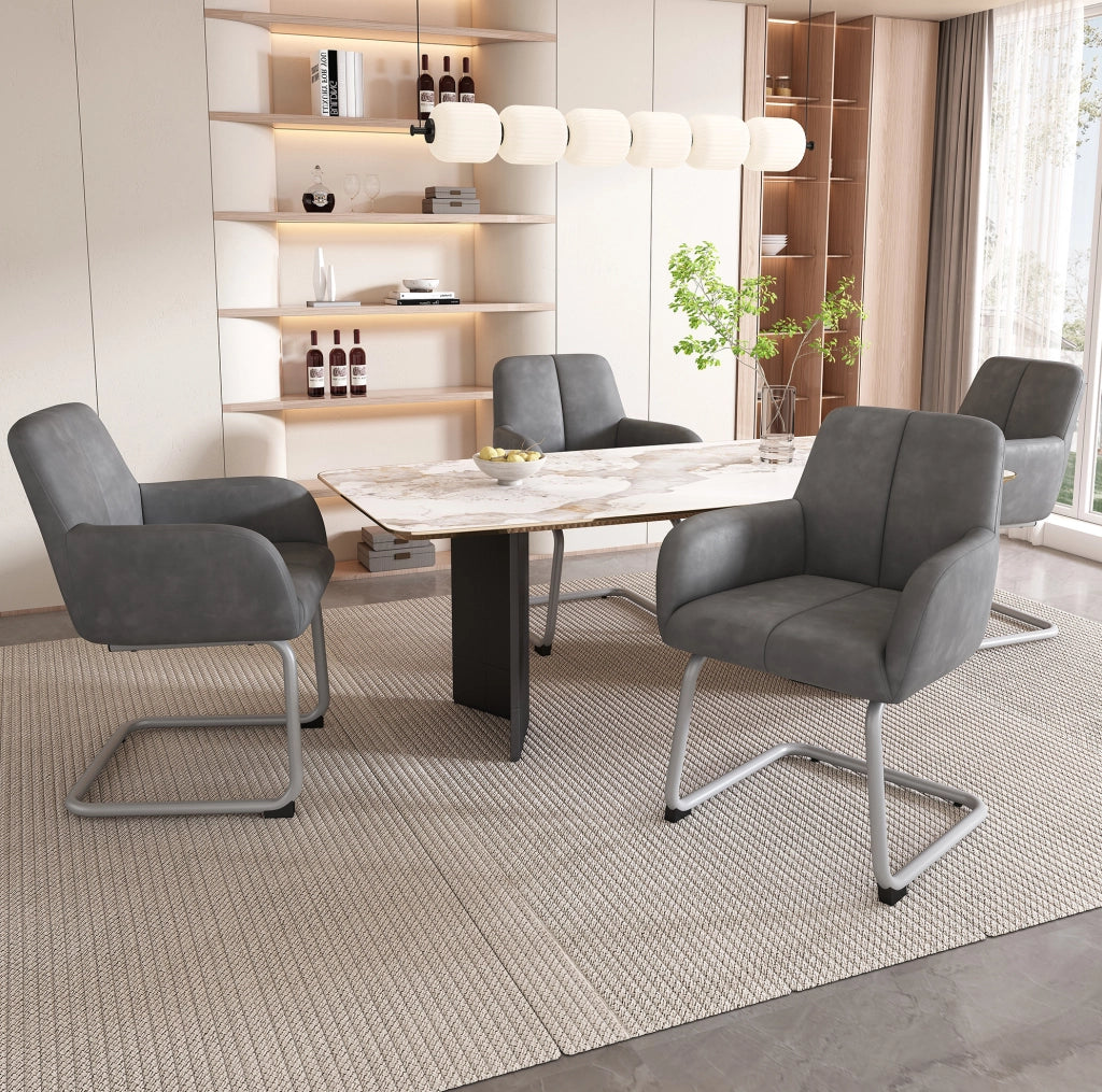 Set di 6 sedie da pranzo con braccioli; design ergonomico; in pelle; grigio