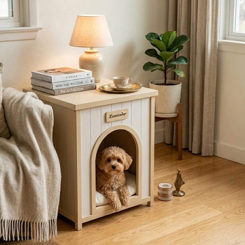 Cuccia Arredo per Cane o Gatto 53×51;6×60 cm con Piano Superiore e Cuscino Lavabile; Bianco Crema