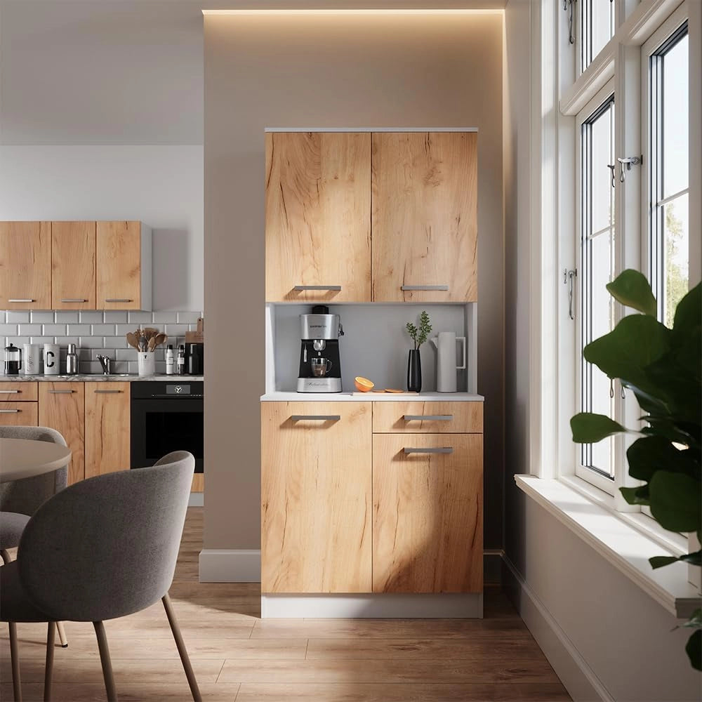 Buffet da cucina Raul, Rovere bianco/dorato, 83.6 x 188.5 cm con 4 porte e 1 cassetto, con ripiano aperto per dispositivi e combinabile con moduli aggiuntivi