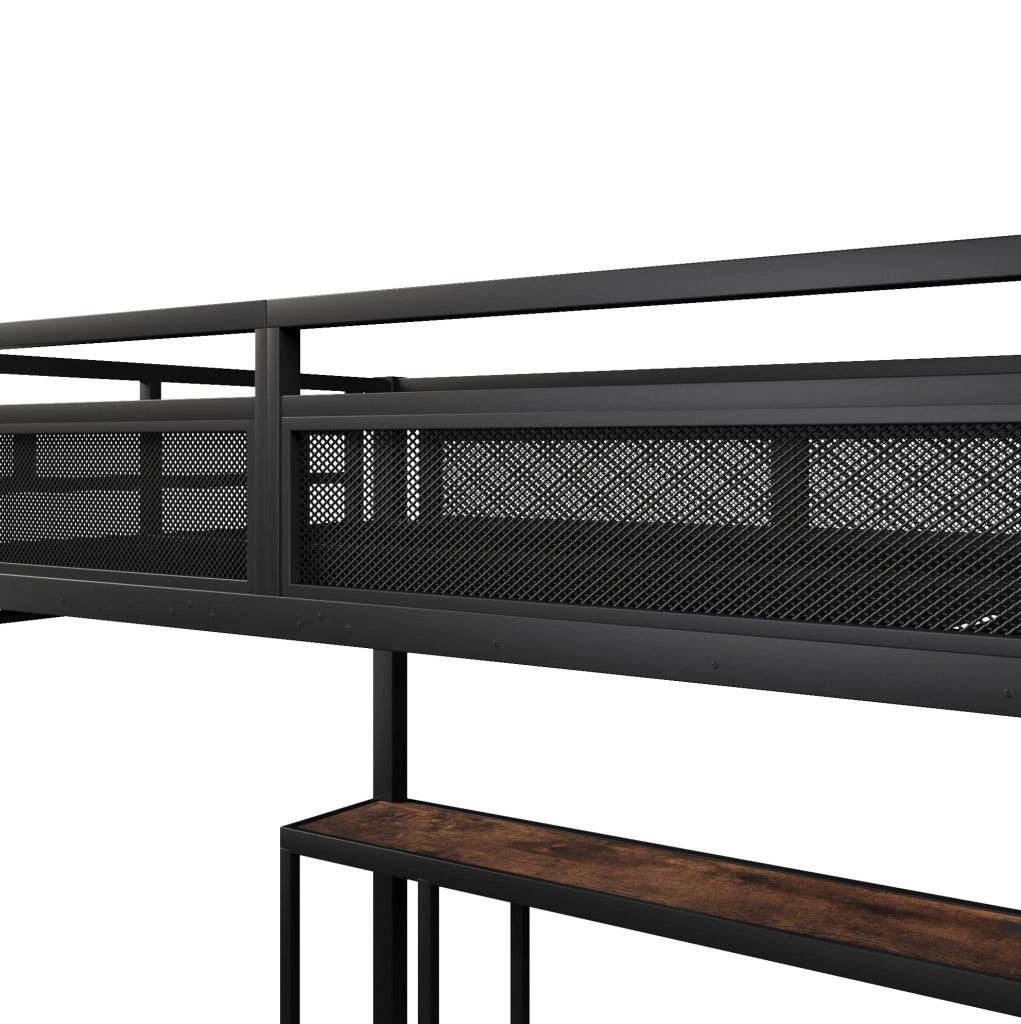 Letto a soppalco 140x200 cm con scrivania; LED e porta USB in metallo e legno nero