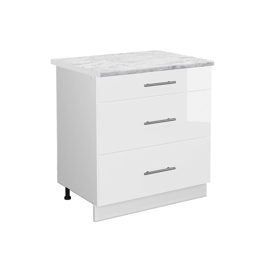 Mobiletto base per cucina Fame-Line Bianco lucido/Bianco 80 cm con 3 cassetti, PL Marmo Vicco