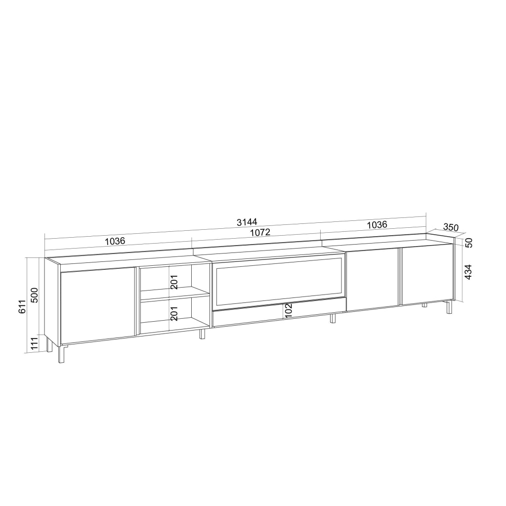 Mobile TV Soggiorno, 315x50x35 cm, Per TV fino a 80", Camino elettrico XXL, Sospeso, da appendere, Beige