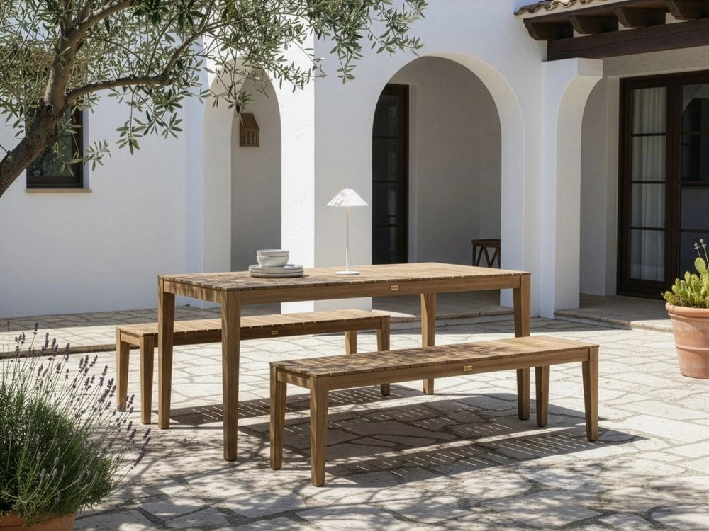 Set da pranzo da giardino 2 panche e tavolo marrone chiaro in legno di acacia certificato Piano rettangolare Stile rustico Da esterno
