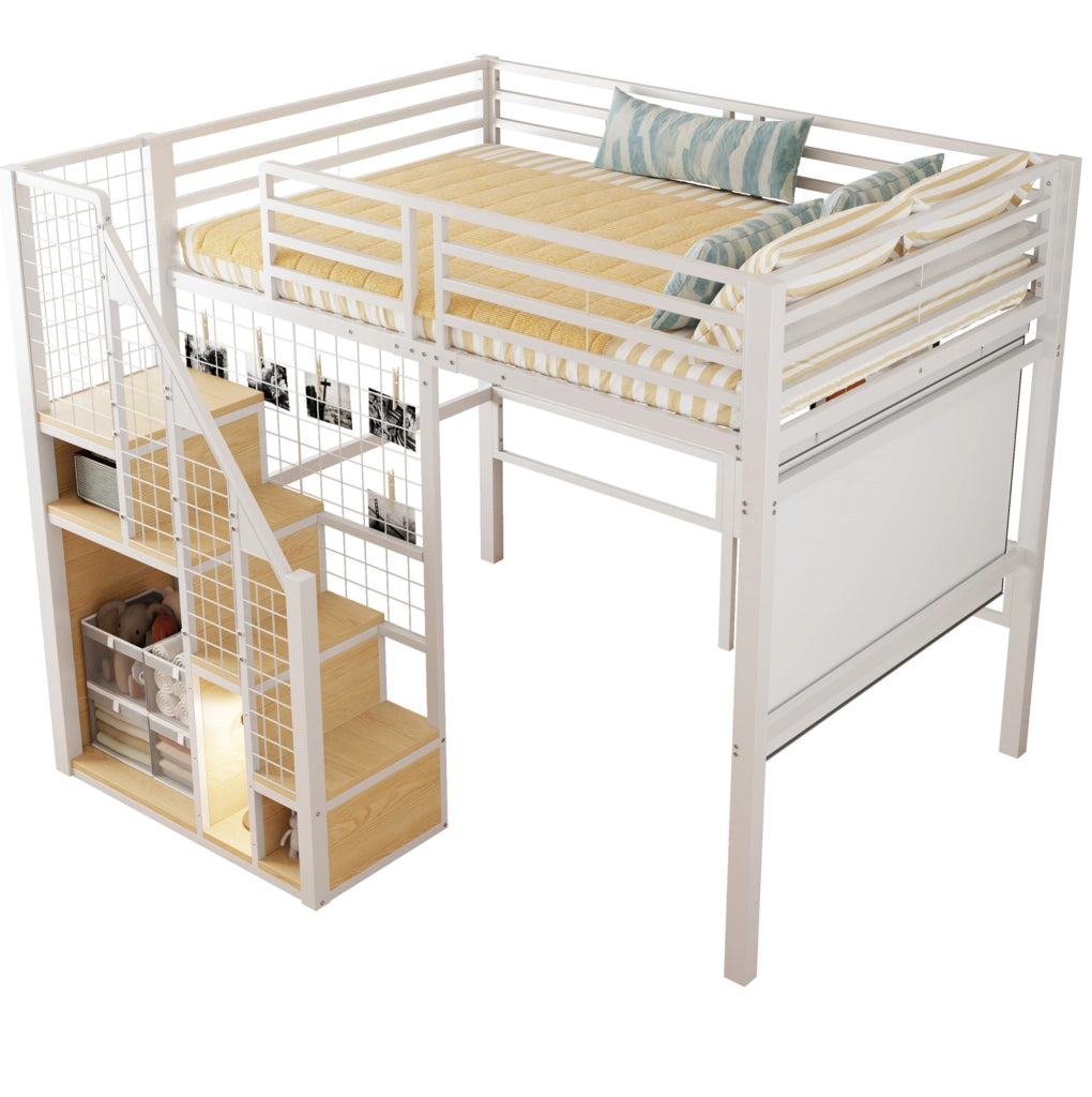 Letto a soppalco 140x200 cm con vano contenitore e scala in MDF e metallo bianco