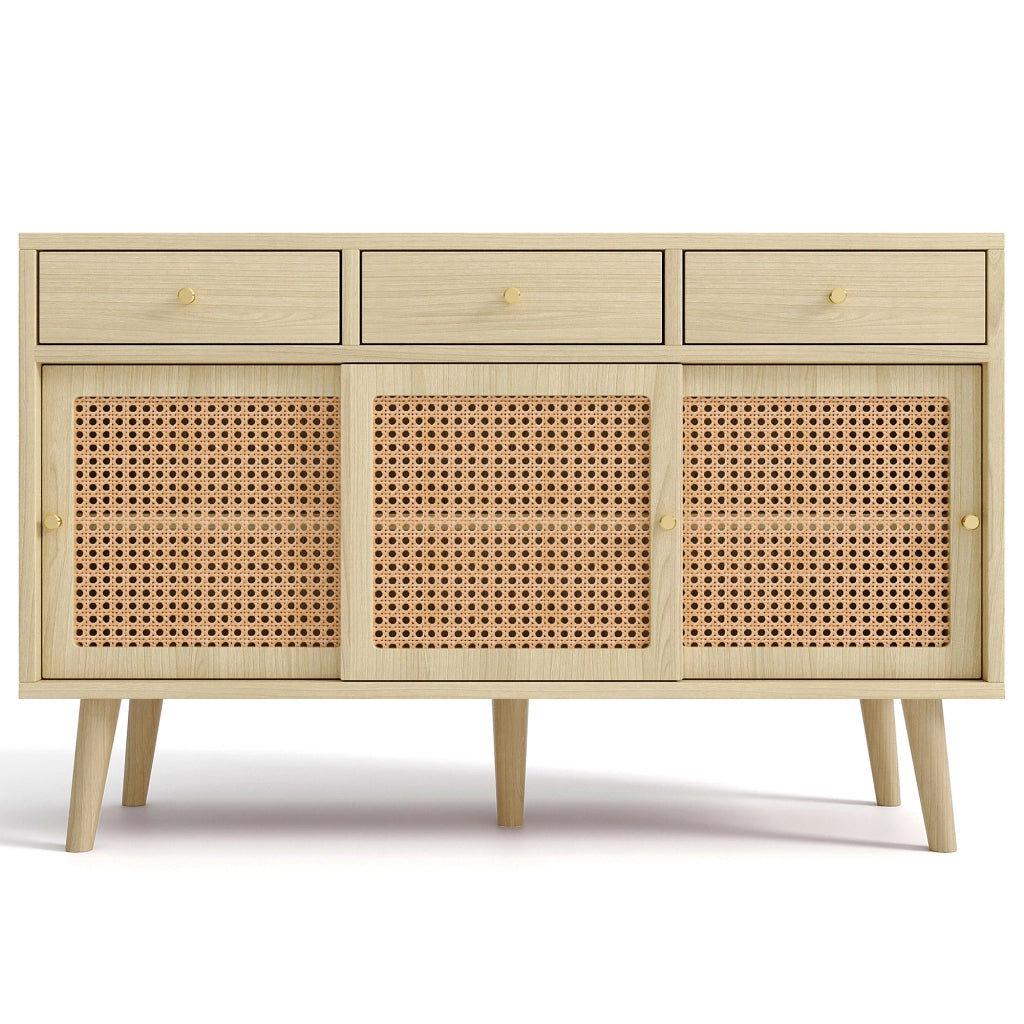 OKWISH Credenza con 3 Cassetti e 3 Ante Scorrevoli, Ripiani Regolabili, Stile Retrò, MDF e Metallo, Rovere, 120 x 40 x 78 cm