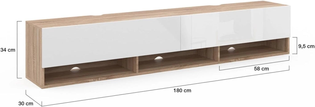 Mueble TV suspendido ELIO 2 puertas con estantes de madera y blanco 180 cm
