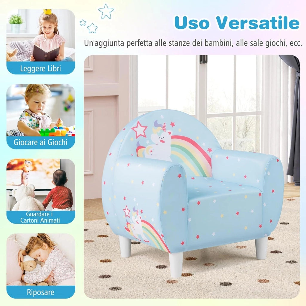 Divano per Bambini a Forma di Unicorno 55 x 40 x 55cm, Poltrona Imbottita con Tessuto Elastico Traspirante e Riempimento in Spugna, Mobile Moderno per Cameretta (Blu)